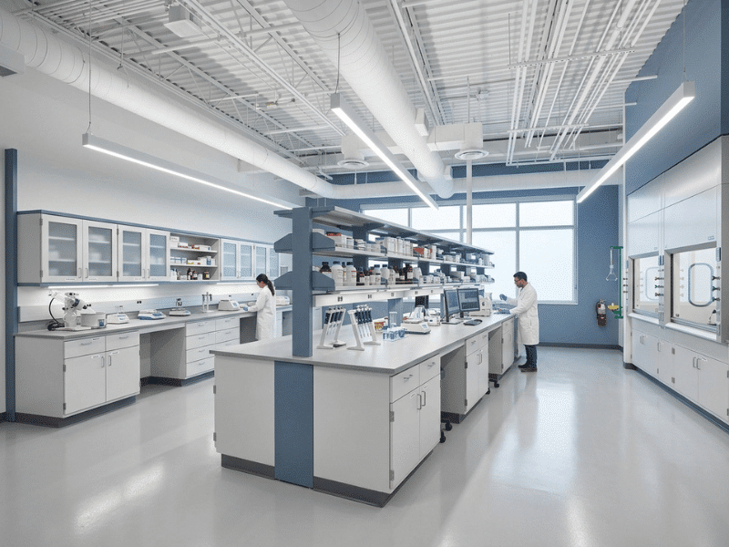 Modern laboratory interior with planned bench layout, casework, and integrated utilities