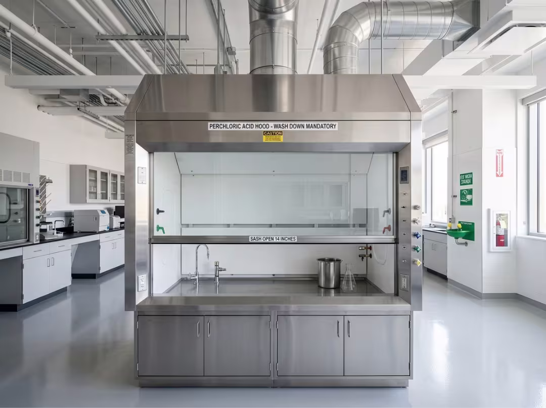 Modern stainless steel perchloric acid fume hood in lab