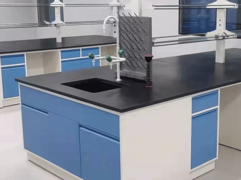 Modern wood lab table with easy to clean worktop in a professional laboratory