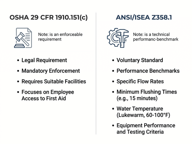 OSHA versus ANSI Z358.1 regulatory framework infographic for chemical lab eyewash station compliance OSHA versus ANSI Z358.1 regulatory framework infographic for chemical lab eyewash station compliance