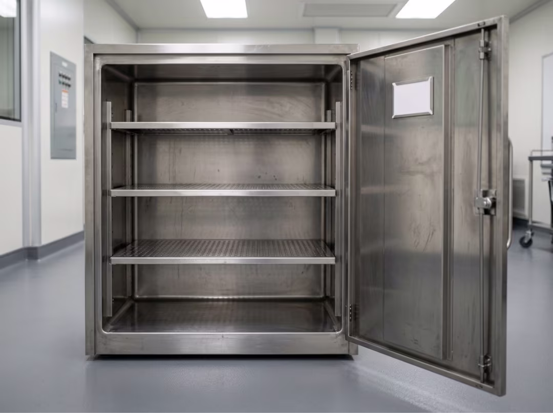 Open passive cleanroom cabinet with empty shelving Open passive cleanroom cabinet with empty shelving