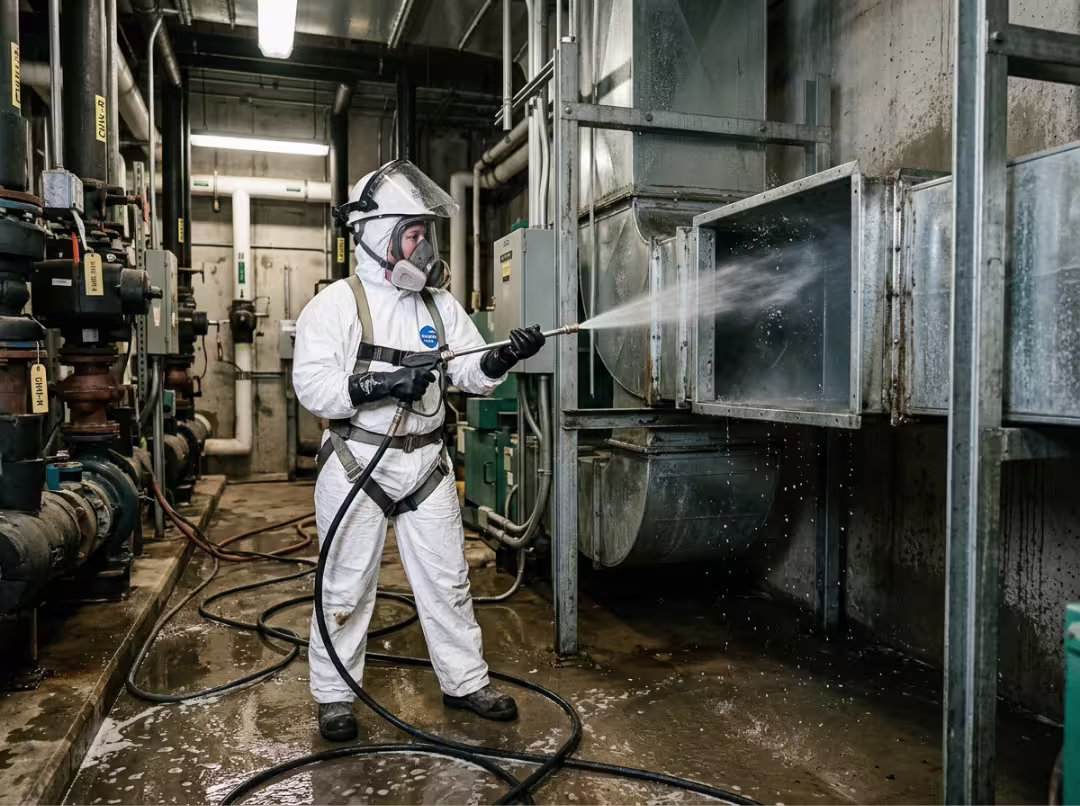 PPE worker flushing fume hood ductwork with water PPE worker flushing fume hood ductwork with water