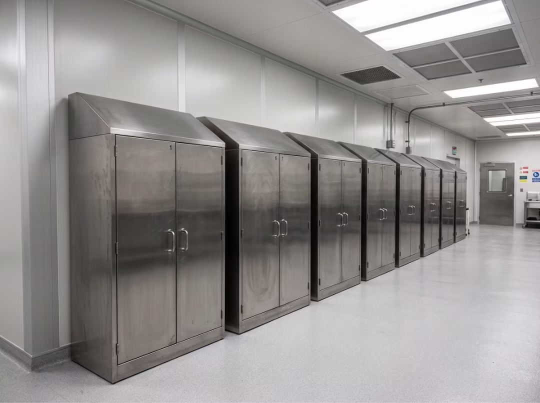 Row of stainless steel cleanroom storage cabinets
