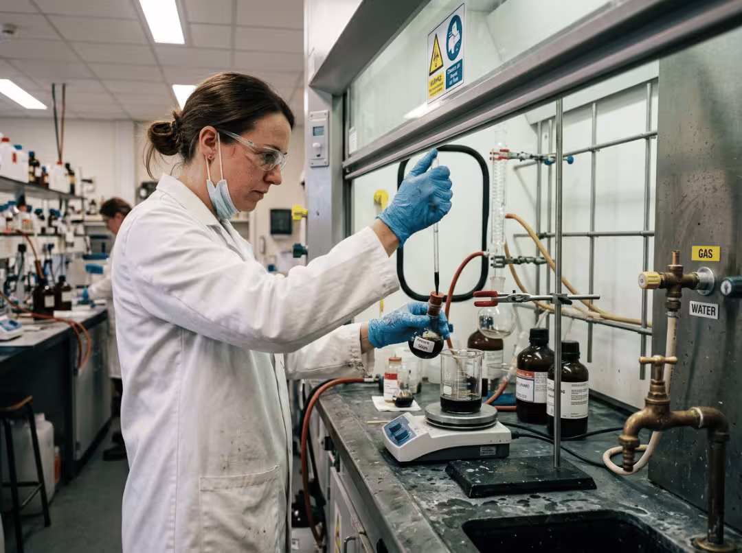 Scientist handling acids at epoxy resin bench Scientist handling acids at epoxy resin bench
