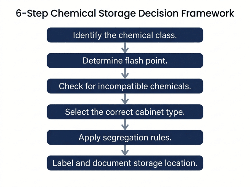 Six step decision framework flowchart for selecting the correct chemical storage cabinet type in a laboratory Six step decision framework flowchart for selecting the correct chemical storage cabinet type in a laboratory