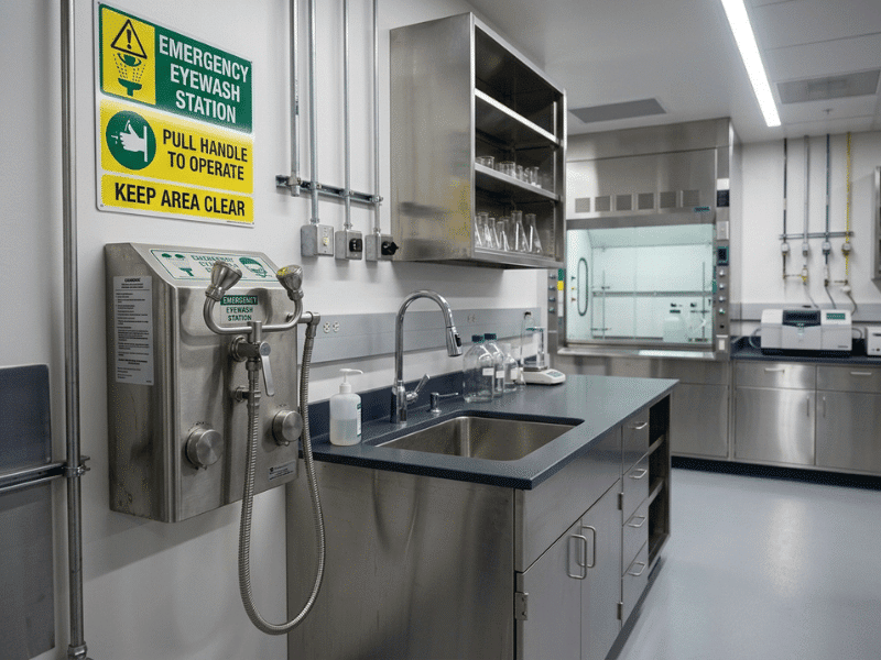 Stainless steel emergency eyewash station mounted beside a lab sink bench in a modern chemical laboratory