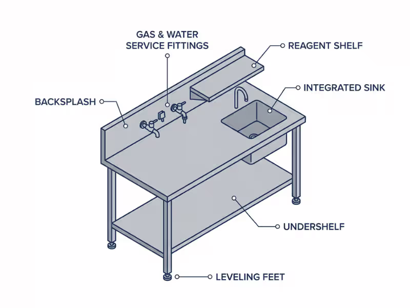 Stainless steel lab table configuration overview with integrated sink, backsplash, undershelf, and service fittings Stainless steel lab table configuration overview with integrated sink, backsplash, undershelf, and service fittings