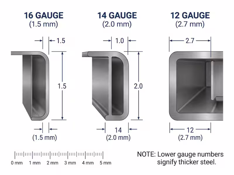 Stainless steel lab table gauge thickness comparison showing 16, 14, and 12 gauge tabletop profiles in millimeters Stainless steel lab table gauge thickness comparison showing 16, 14, and 12 gauge tabletop profiles in millimeters