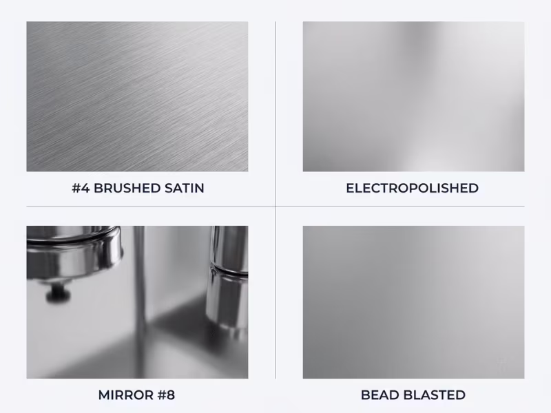Stainless steel lab table surface finish comparison showing brushed, electropolished, mirror, and bead blasted textures Stainless steel lab table surface finish comparison showing brushed, electropolished, mirror, and bead blasted textures