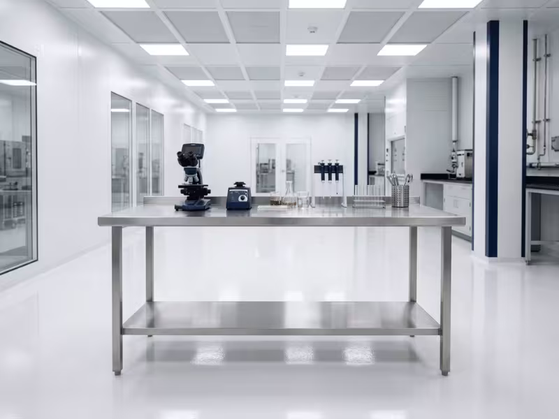 Stainless steel laboratory work table with welded frame in a modern cleanroom setting Stainless steel laboratory work table with welded frame in a modern cleanroom setting