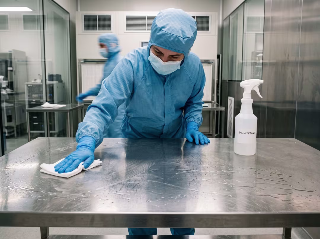 Technician disinfecting a stainless steel cleanroom table Technician disinfecting a stainless steel cleanroom table