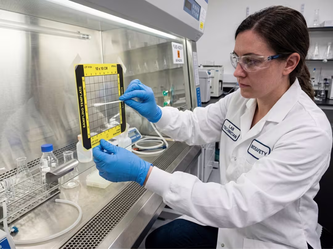 Technician swab sampling inside a fume hood Technician swab sampling inside a fume hood