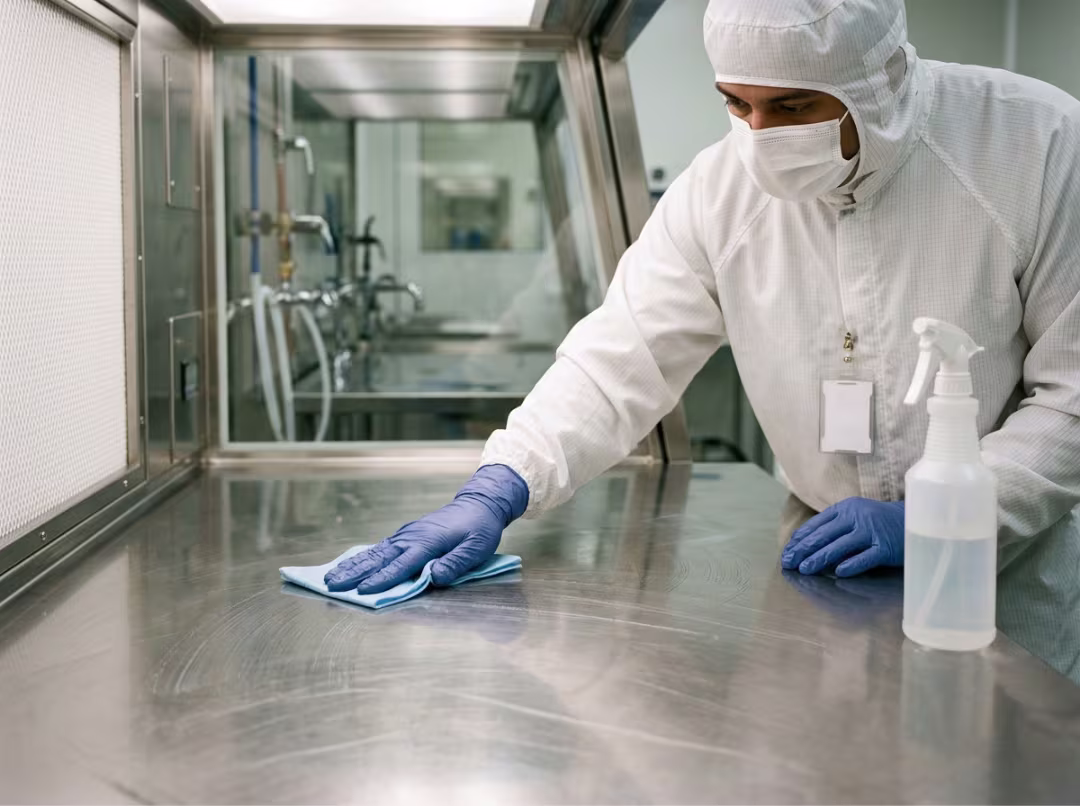 Technician wiping down a stainless cleanroom cabinet Technician wiping down a stainless cleanroom cabinet