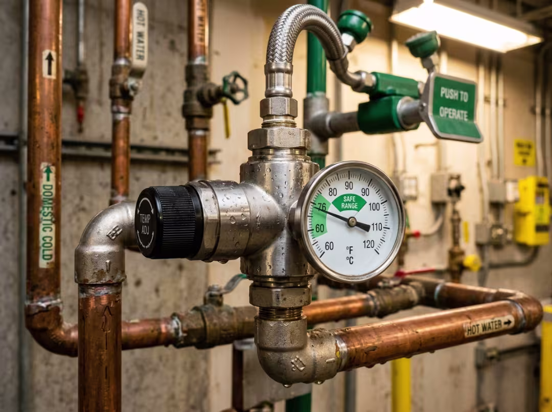 Thermostatic mixing valve keeping eyewash water tepid Thermostatic mixing valve keeping eyewash water tepid