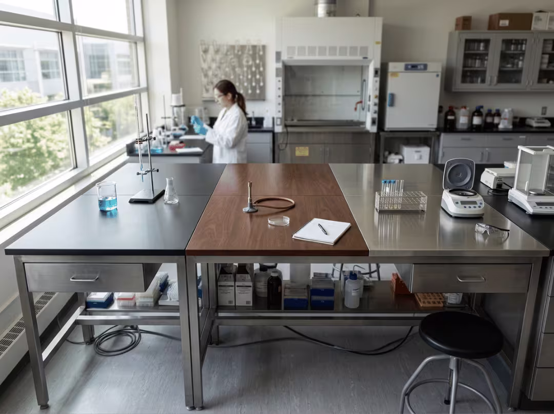 Three lab countertop materials on a bench Three lab countertop materials on a bench