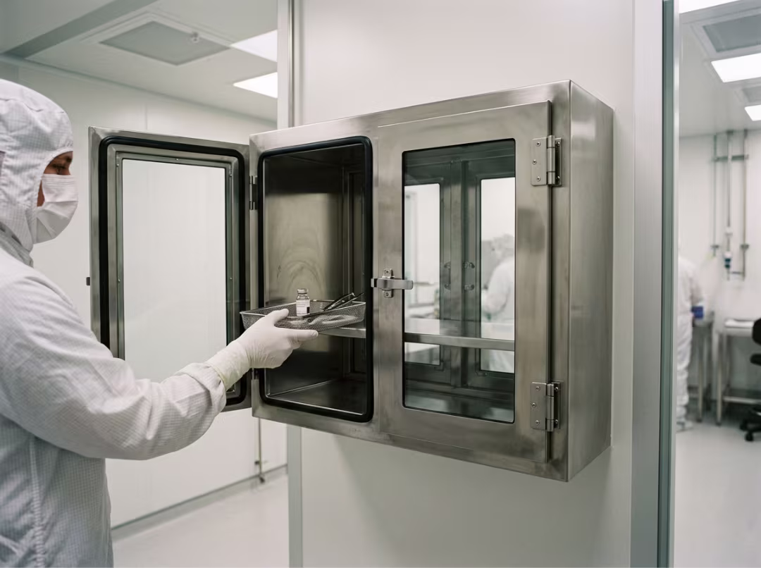 Wall mounted pass through cabinet between cleanroom areas Wall mounted pass through cabinet between cleanroom areas