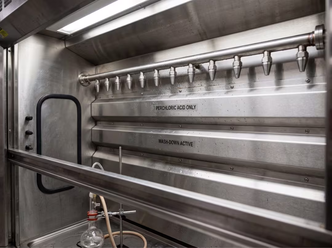 Wash down spray nozzles inside fume hood interior Wash down spray nozzles inside fume hood interior