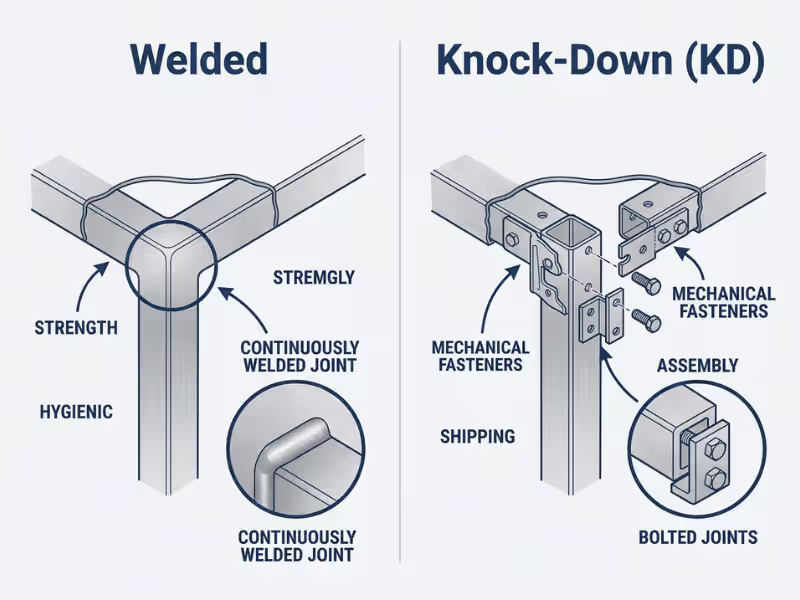 Welded vs knock down stainless steel lab table construction diagram comparing joint types and seams Welded vs knock down stainless steel lab table construction diagram comparing joint types and seams