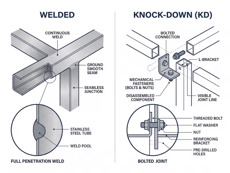 Welded vs knock down stainless steel lab table construction diagram comparing joint types and seams Welded vs knock down stainless steel lab table construction diagram comparing joint types and seams