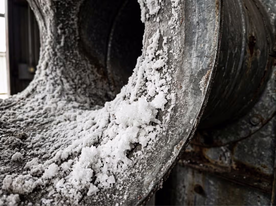 White perchlorate crystal deposits inside metal ductwork White perchlorate crystal deposits inside metal ductwork
