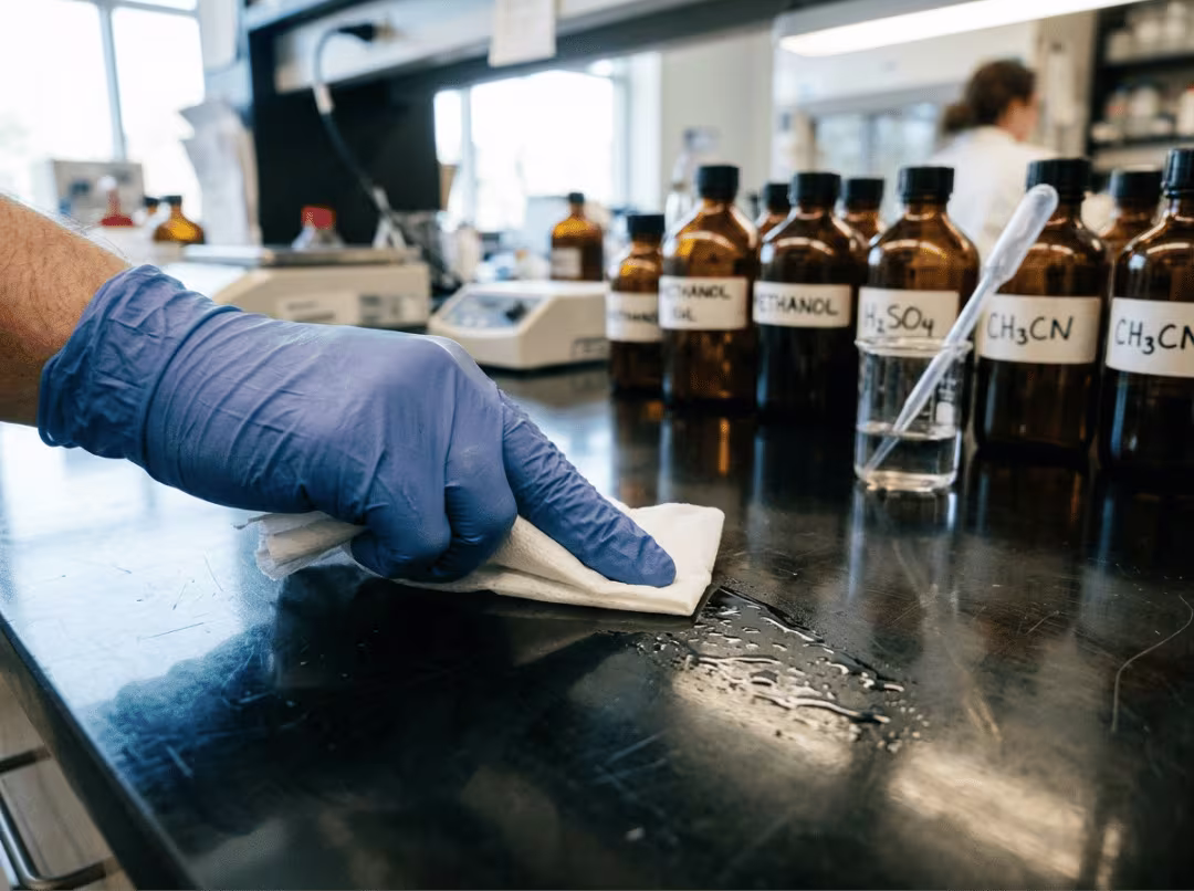 Wiping a chemical spill from lab countertop Wiping a chemical spill from lab countertop