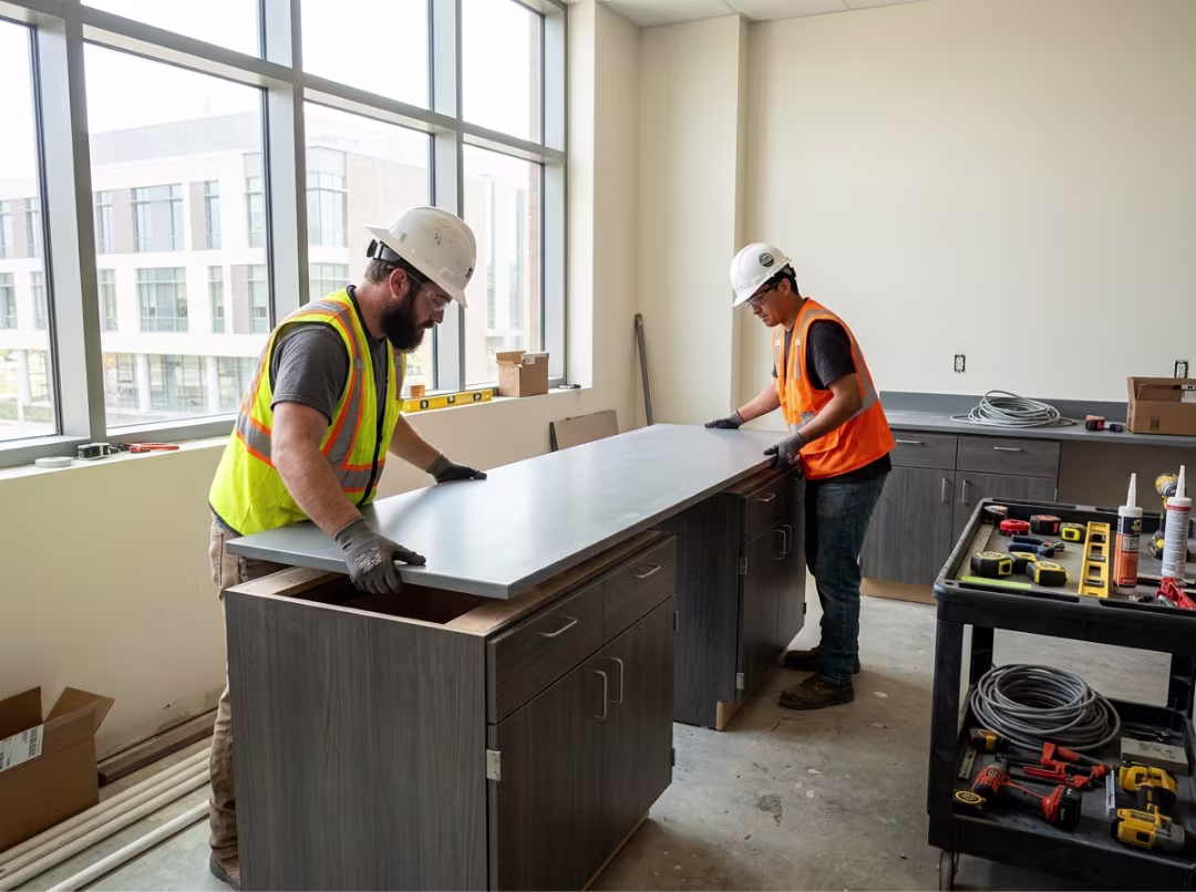 Workers installing new lab countertop Workers installing new lab countertop