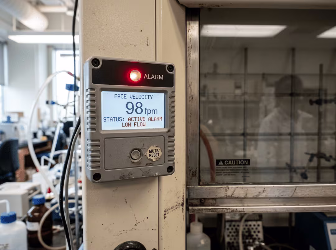 Airflow monitor mounted on a fume hood Airflow monitor mounted on a fume hood