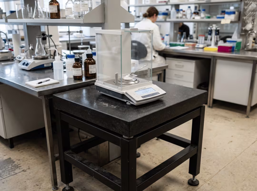 Analytical balance on anti vibration table Analytical balance on anti vibration table