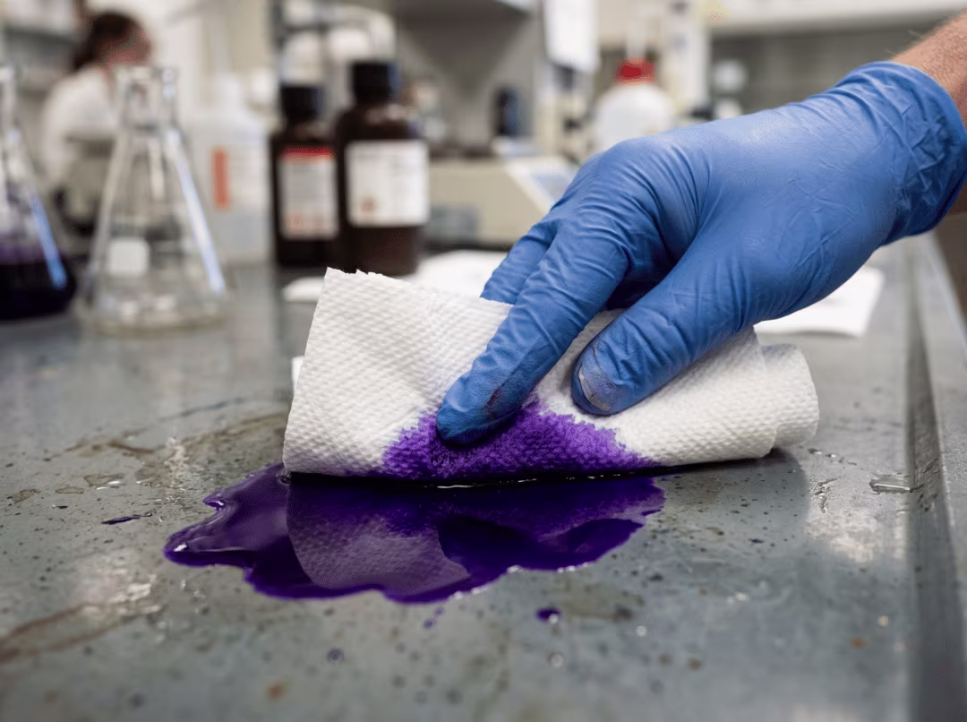 Blotting a crystal violet spill with towel Blotting a crystal violet spill with towel