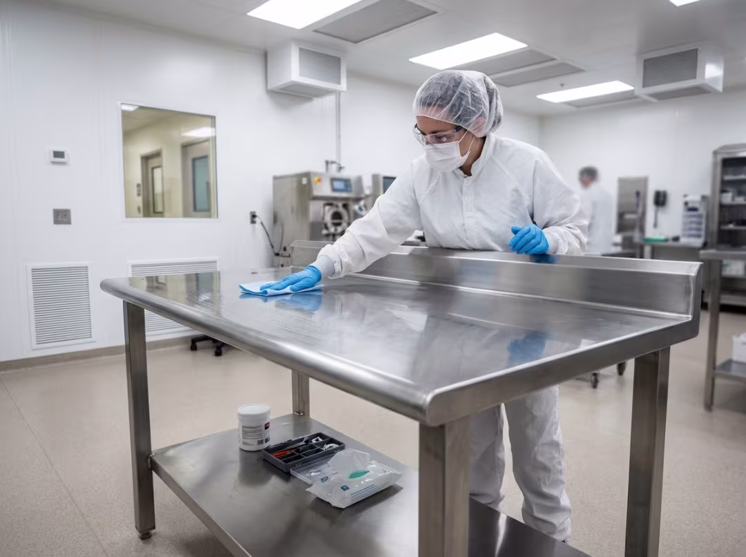 Cleanroom stainless steel table being sanitized Cleanroom stainless steel table being sanitized