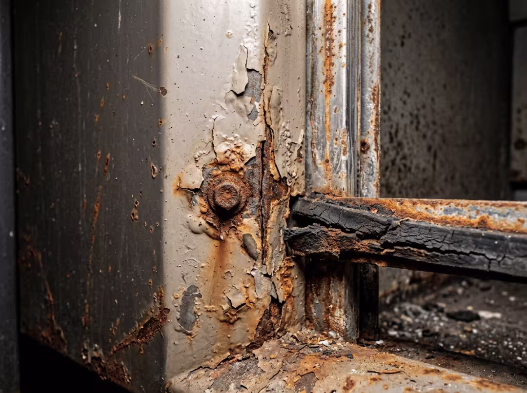 Corrosion and rust on a coated steel fume hood Corrosion and rust on a coated steel fume hood