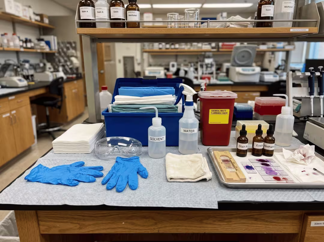 Crystal violet spill kit on a bench Crystal violet spill kit on a bench