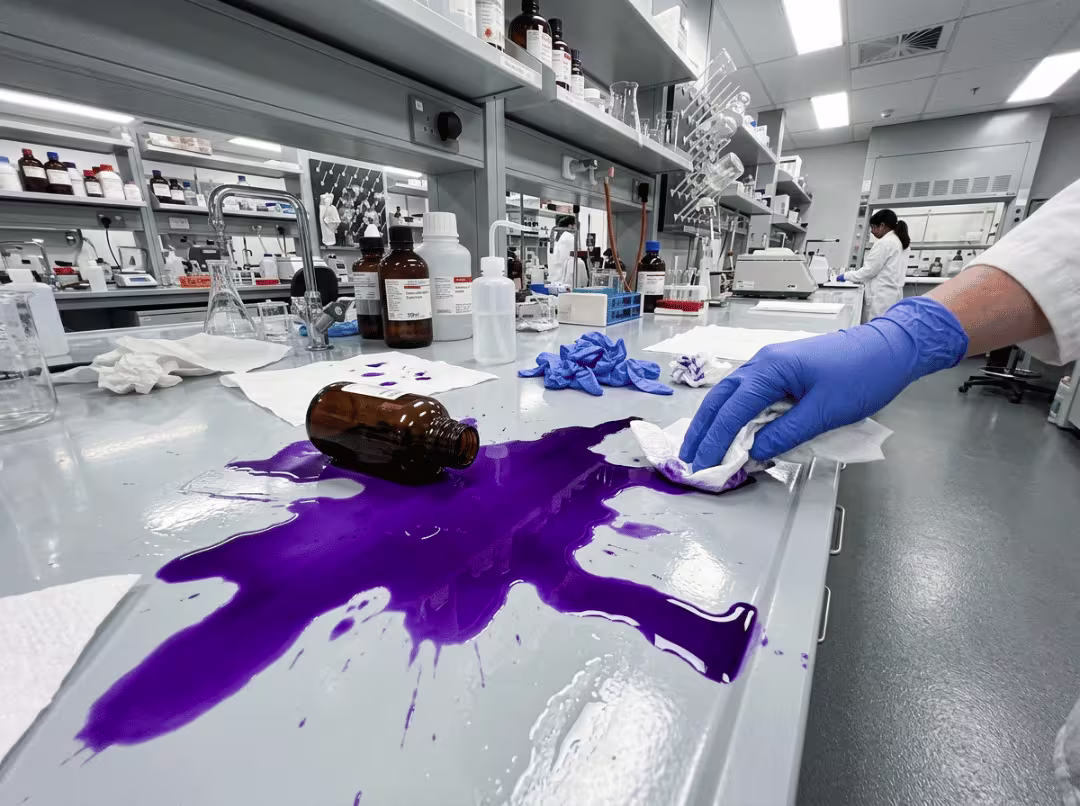 Crystal violet spill on a lab bench