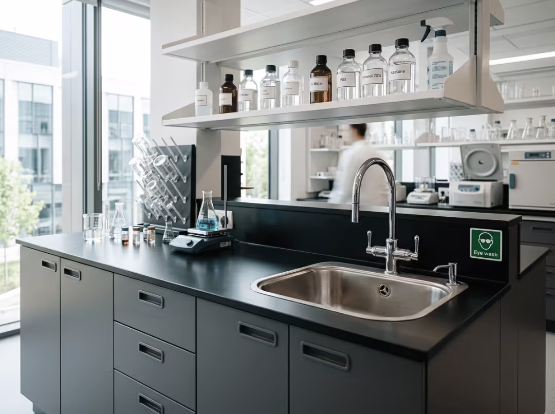 Lab bench with integrated sink in modern laboratory
