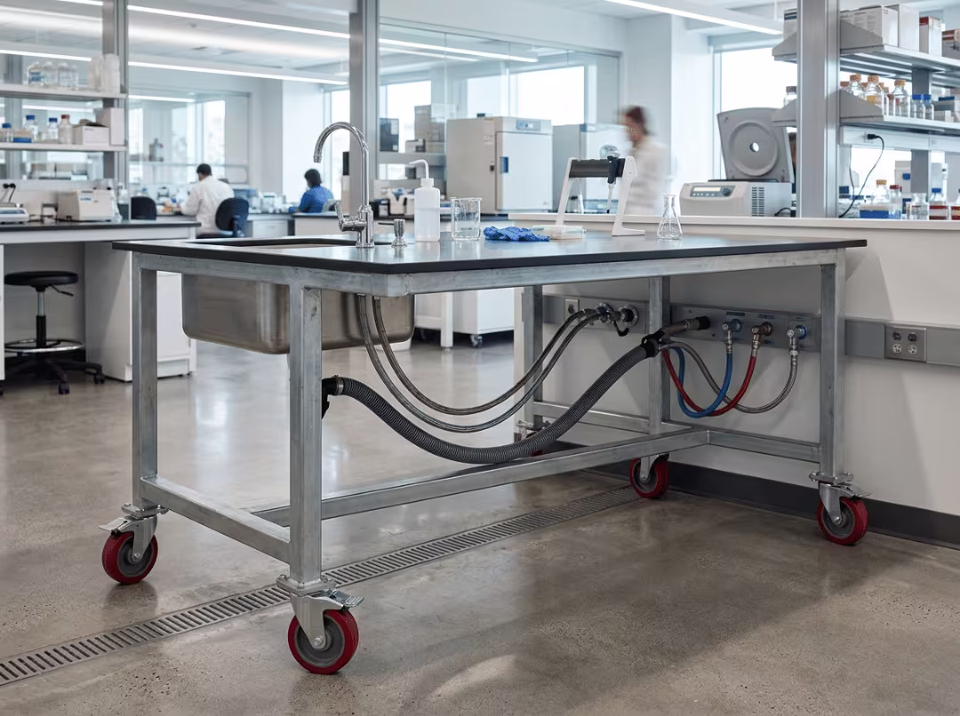 Wall mounted lab bench with sink and open base Mobile lab bench with sink on lockable casters