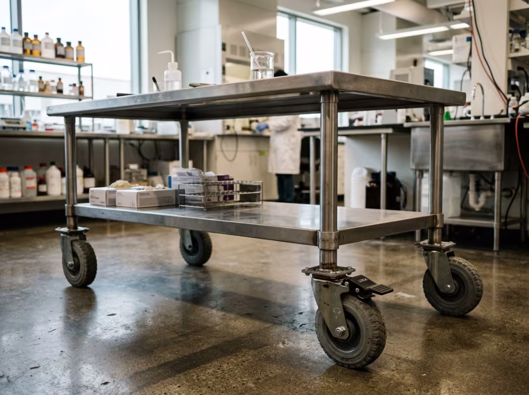 Mobile stainless steel table with locking casters Mobile stainless steel table with locking casters