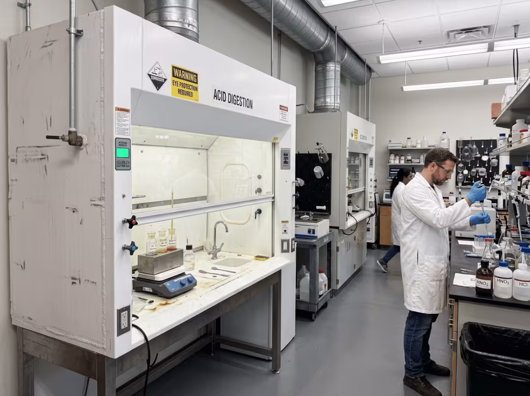 Polypropylene acid digestion fume hood in a lab