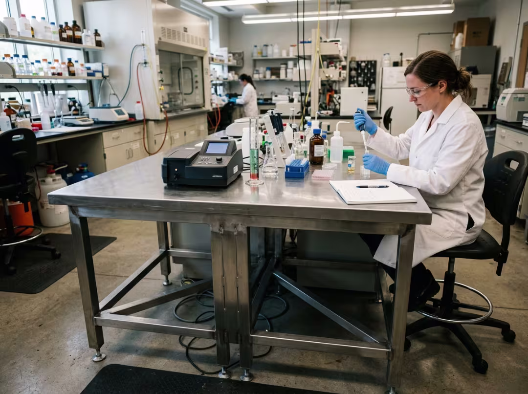 Stainless steel lab table in active lab