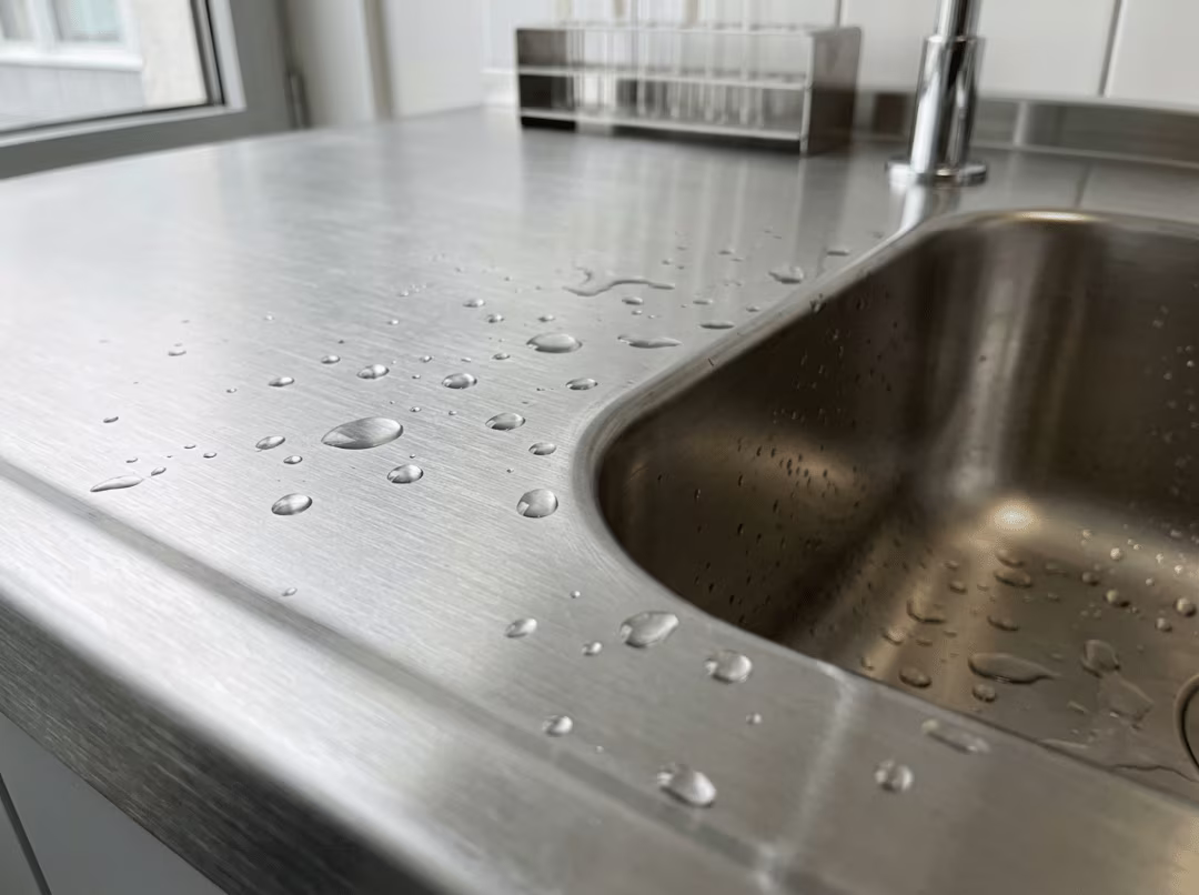 Stainless steel lab worktop beside integrated sink Stainless steel lab worktop beside integrated sink