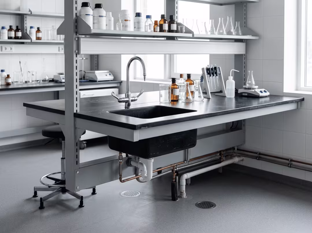 Wall mounted lab bench with sink and open base Wall mounted lab bench with sink and open base