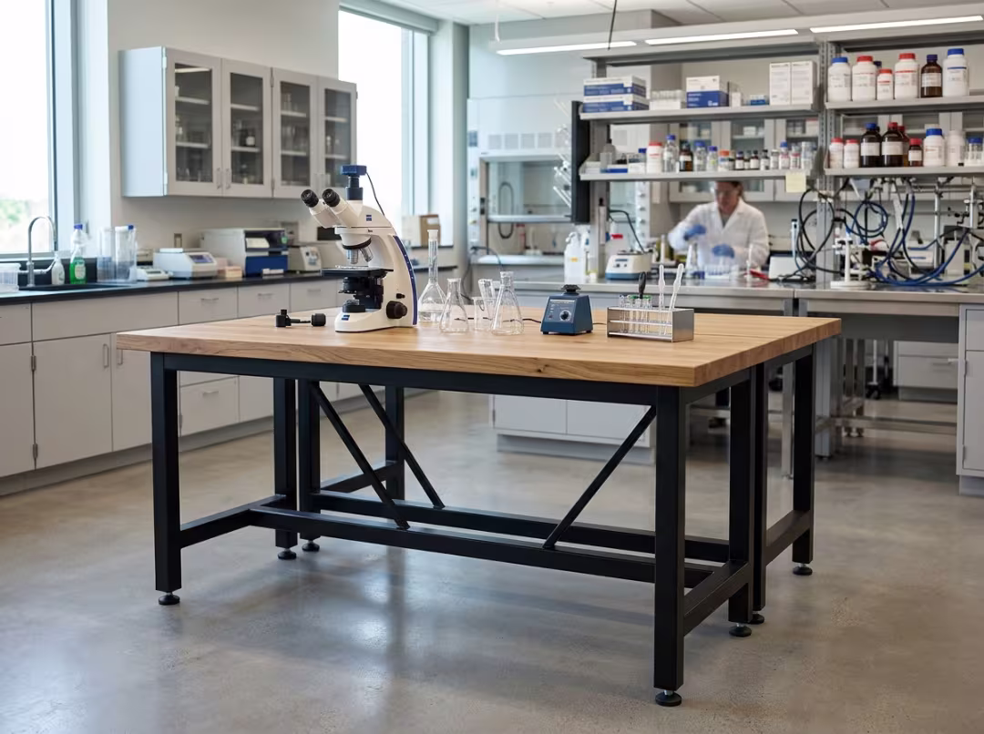 wood lab table in modern laboratory